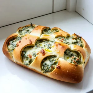 - 1 large round loaf of sourdough bread - 1 cup fresh spinach, chopped - 1 can (14 oz) artichoke hearts, drained and chopped - 1 cup cream cheese, softened - 1/2 cup sour cream - 1/2 cup mayonnaise - 1 cup shredded mozzarella cheese - 1/2 cup grated Parmesan cheese - 2 cloves garlic, minced - 1 teaspoon onion powder - 1/2 teaspoon red pepper flakes (optional) - Salt and pepper to taste - Olive oil for drizzling Choose a fresh sourdough loaf. It should feel firm and have a nice crust. For the spinach, use bright green leaves. They should be crisp and not wilted. When picking artichoke hearts, go for canned options packed in water or brine. This keeps them tender and flavorful. The cream cheese must be soft for easy mixing. Always check your cheeses for freshness. They should smell good and not be past their date. If you cannot find sourdough, use another round bread like ciabatta. For a lighter option, you can replace cream cheese with Greek yogurt. If you want to avoid mayonnaise, use an extra half cup of sour cream. For a dairy-free version, try cashew cheese or vegan cream cheese. You can swap red pepper flakes with paprika for a milder flavor. {{ingredient_image_1}} First, you need to set your oven. Preheat it to 375&deg;F (190&deg;C). This step is key for even baking. Gather your ingredients on the counter. You will need sourdough bread, fresh spinach, artichokes, cream cheese, sour cream, mayonnaise, mozzarella, Parmesan, garlic, onion powder, and spices. Make sure everything is ready before you start. This makes cooking easy and fun. Next, take your round sourdough loaf. Use a sharp knife to cut it into a checkered pattern. Make cuts about 1 inch apart. Be careful not to cut all the way through the bottom. You want the bread to stay intact. This way, the filling will stay inside as it bakes. Now, let&rsquo;s make the filling. In a large bowl, mix the chopped spinach and drained artichokes. Add the softened cream cheese, sour cream, and mayonnaise. Then, stir in the mozzarella and Parmesan cheese. Add minced garlic, onion powder, red pepper flakes, salt, and pepper. Mix until everything is smooth and well combined. This creamy dip is the star of the dish. It&rsquo;s time to stuff the bread! Gently pull apart the cuts in your sourdough loaf. Use a spoon to fill each section with the spinach-artichoke mixture. Make sure every piece gets a good amount of filling. This will create a tasty pull-apart experience. Once filled, drizzle a little olive oil over the top. This helps the bread get crispy and adds flavor. Wrap your stuffed bread in aluminum foil. Place it on a baking sheet to catch any drips. Bake in the preheated oven for 20 minutes. After that, remove the foil. Bake for another 10 minutes to get that golden, crispy top. Once done, take it out and let it cool for a few minutes. Now, you can serve it warm. Enjoy pulling apart the pieces filled with creamy goodness! To create a creamy filling, use softened cream cheese. This helps it blend well. Mix it with sour cream and mayonnaise for extra richness. Add chopped spinach and artichokes for flavor. It's also smart to include minced garlic. This step adds depth to your dip. If you want some heat, add red pepper flakes. They give a nice kick without being too spicy. Baking your bread just right is key. Start at 375&deg;F (190&deg;C) to ensure even cooking. Wrap your bread in foil for the first 20 minutes. This keeps it moist. After that, remove the foil to crisp the top. Bake for an additional 10 minutes. This way, you get a golden crust that contrasts the soft inside. Presentation matters when you serve your bread. Place it on a rustic wooden board for a cozy feel. You can add a small bowl of extra dip on the side. This lets guests enjoy even more flavor. For a pop of color, sprinkle fresh parsley or basil on top. It makes your dish look even more tempting. Pro Tips Use Fresh Ingredients: Fresh spinach and high-quality artichoke hearts will elevate the flavor of your dip significantly. Adjust the Cheese: Feel free to mix different types of cheese, such as cheddar or gouda, to add a unique twist to the classic flavor. Don't Overstuff: While it's tempting to pack the bread tightly with the filling, be careful not to overstuff, as the bread may become too soggy. Serve Immediately: This dish is best enjoyed warm, so serve it right after baking for the ultimate gooey experience! {{image_2}} Cheese makes this dish rich and creamy. You can mix up the cheese for more flavor. Try using sharp cheddar for a bold taste. You can also add cream cheese for a smooth texture. Goat cheese gives a tangy twist. Mix mozzarella with provolone for a fun texture. Each choice brings a new taste to your bread. Want to make your bread heartier? Add cooked chicken or crisp bacon. Shred the chicken and mix it in with the dip. You can use leftover chicken for this. For bacon, cook it until crispy, then crumble it. Both add great flavor and make this dish more filling. While sourdough is a classic, feel free to experiment with bread. A soft French baguette works well too. You could use a round loaf of focaccia for a twist. Even a whole wheat loaf can add a healthy touch. Just remember to cut it the same way for easy pulling apart. Each bread type will change the vibe of your dish while keeping it fun and tasty! To keep your Spinach Artichoke Dip Pull-Apart Bread fresh, wrap it tightly in plastic wrap. You can also place it in an airtight container. This helps keep moisture in and prevents it from drying out. Store it in the fridge for up to three days. If you want to enjoy it later, be sure to check for any signs of spoilage before eating. Reheating your dip bread is easy. Preheat your oven to 350&deg;F (175&deg;C). Place the bread on a baking sheet and cover it with foil. Bake for about 15 minutes or until it is warm throughout. This method keeps the bread crust nice and crisp. Avoid using the microwave, as it can make the bread soggy. You can freeze this dish if you have extra. Wrap the bread tightly in plastic wrap, then in aluminum foil. This keeps it safe from freezer burn. You can freeze it for up to three months. When you're ready to eat it, thaw it in the fridge overnight. Then, reheat it in the oven as mentioned above. Enjoy the creamy goodness even after freezing! Yes, you can prepare this dish in advance. Mix the filling and stuff the bread the night before. Wrap the bread tightly in plastic wrap and store it in the fridge. When ready, bake it right before serving. This makes it easy for parties or gatherings. This bread pairs well with many sides. Here are some great options: - Fresh veggie sticks - A light salad with vinaigrette - Chips or crackers for crunch - Extra spinach-artichoke dip for dipping - Your favorite wine or sparkling drink These options add flavor and variety to your meal. To make this dish gluten-free, choose gluten-free bread. Many stores offer gluten-free options. Use gluten-free cream cheese, sour cream, and mayonnaise too. Always check labels to ensure all ingredients are safe. This way, everyone can enjoy this tasty treat without worries! In this blog, we explored how to make delicious Spinach Artichoke Dip Pull-Apart Bread. We reviewed key ingredients and tips for selecting the best ones. I shared clear steps to prep, fill, and bake your dish. You learned helpful tips for perfecting the filling and bake. We even discussed tasty variations and storage methods. Embrace your creativity in the kitchen. Enjoy this recipe, and share it with friends!