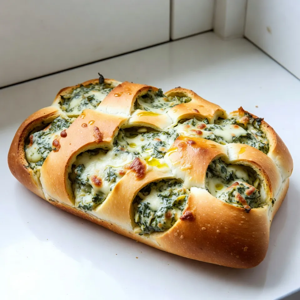 - 1 large round loaf of sourdough bread - 1 cup fresh spinach, chopped - 1 can (14 oz) artichoke hearts, drained and chopped - 1 cup cream cheese, softened - 1/2 cup sour cream - 1/2 cup mayonnaise - 1 cup shredded mozzarella cheese - 1/2 cup grated Parmesan cheese - 2 cloves garlic, minced - 1 teaspoon onion powder - 1/2 teaspoon red pepper flakes (optional) - Salt and pepper to taste - Olive oil for drizzling Choose a fresh sourdough loaf. It should feel firm and have a nice crust. For the spinach, use bright green leaves. They should be crisp and not wilted. When picking artichoke hearts, go for canned options packed in water or brine. This keeps them tender and flavorful. The cream cheese must be soft for easy mixing. Always check your cheeses for freshness. They should smell good and not be past their date. If you cannot find sourdough, use another round bread like ciabatta. For a lighter option, you can replace cream cheese with Greek yogurt. If you want to avoid mayonnaise, use an extra half cup of sour cream. For a dairy-free version, try cashew cheese or vegan cream cheese. You can swap red pepper flakes with paprika for a milder flavor. {{ingredient_image_1}} First, you need to set your oven. Preheat it to 375°F (190°C). This step is key for even baking. Gather your ingredients on the counter. You will need sourdough bread, fresh spinach, artichokes, cream cheese, sour cream, mayonnaise, mozzarella, Parmesan, garlic, onion powder, and spices. Make sure everything is ready before you start. This makes cooking easy and fun. Next, take your round sourdough loaf. Use a sharp knife to cut it into a checkered pattern. Make cuts about 1 inch apart. Be careful not to cut all the way through the bottom. You want the bread to stay intact. This way, the filling will stay inside as it bakes. Now, let’s make the filling. In a large bowl, mix the chopped spinach and drained artichokes. Add the softened cream cheese, sour cream, and mayonnaise. Then, stir in the mozzarella and Parmesan cheese. Add minced garlic, onion powder, red pepper flakes, salt, and pepper. Mix until everything is smooth and well combined. This creamy dip is the star of the dish. It’s time to stuff the bread! Gently pull apart the cuts in your sourdough loaf. Use a spoon to fill each section with the spinach-artichoke mixture. Make sure every piece gets a good amount of filling. This will create a tasty pull-apart experience. Once filled, drizzle a little olive oil over the top. This helps the bread get crispy and adds flavor. Wrap your stuffed bread in aluminum foil. Place it on a baking sheet to catch any drips. Bake in the preheated oven for 20 minutes. After that, remove the foil. Bake for another 10 minutes to get that golden, crispy top. Once done, take it out and let it cool for a few minutes. Now, you can serve it warm. Enjoy pulling apart the pieces filled with creamy goodness! To create a creamy filling, use softened cream cheese. This helps it blend well. Mix it with sour cream and mayonnaise for extra richness. Add chopped spinach and artichokes for flavor. It's also smart to include minced garlic. This step adds depth to your dip. If you want some heat, add red pepper flakes. They give a nice kick without being too spicy. Baking your bread just right is key. Start at 375°F (190°C) to ensure even cooking. Wrap your bread in foil for the first 20 minutes. This keeps it moist. After that, remove the foil to crisp the top. Bake for an additional 10 minutes. This way, you get a golden crust that contrasts the soft inside. Presentation matters when you serve your bread. Place it on a rustic wooden board for a cozy feel. You can add a small bowl of extra dip on the side. This lets guests enjoy even more flavor. For a pop of color, sprinkle fresh parsley or basil on top. It makes your dish look even more tempting. Pro Tips Use Fresh Ingredients: Fresh spinach and high-quality artichoke hearts will elevate the flavor of your dip significantly. Adjust the Cheese: Feel free to mix different types of cheese, such as cheddar or gouda, to add a unique twist to the classic flavor. Don't Overstuff: While it's tempting to pack the bread tightly with the filling, be careful not to overstuff, as the bread may become too soggy. Serve Immediately: This dish is best enjoyed warm, so serve it right after baking for the ultimate gooey experience! {{image_2}} Cheese makes this dish rich and creamy. You can mix up the cheese for more flavor. Try using sharp cheddar for a bold taste. You can also add cream cheese for a smooth texture. Goat cheese gives a tangy twist. Mix mozzarella with provolone for a fun texture. Each choice brings a new taste to your bread. Want to make your bread heartier? Add cooked chicken or crisp bacon. Shred the chicken and mix it in with the dip. You can use leftover chicken for this. For bacon, cook it until crispy, then crumble it. Both add great flavor and make this dish more filling. While sourdough is a classic, feel free to experiment with bread. A soft French baguette works well too. You could use a round loaf of focaccia for a twist. Even a whole wheat loaf can add a healthy touch. Just remember to cut it the same way for easy pulling apart. Each bread type will change the vibe of your dish while keeping it fun and tasty! To keep your Spinach Artichoke Dip Pull-Apart Bread fresh, wrap it tightly in plastic wrap. You can also place it in an airtight container. This helps keep moisture in and prevents it from drying out. Store it in the fridge for up to three days. If you want to enjoy it later, be sure to check for any signs of spoilage before eating. Reheating your dip bread is easy. Preheat your oven to 350°F (175°C). Place the bread on a baking sheet and cover it with foil. Bake for about 15 minutes or until it is warm throughout. This method keeps the bread crust nice and crisp. Avoid using the microwave, as it can make the bread soggy. You can freeze this dish if you have extra. Wrap the bread tightly in plastic wrap, then in aluminum foil. This keeps it safe from freezer burn. You can freeze it for up to three months. When you're ready to eat it, thaw it in the fridge overnight. Then, reheat it in the oven as mentioned above. Enjoy the creamy goodness even after freezing! Yes, you can prepare this dish in advance. Mix the filling and stuff the bread the night before. Wrap the bread tightly in plastic wrap and store it in the fridge. When ready, bake it right before serving. This makes it easy for parties or gatherings. This bread pairs well with many sides. Here are some great options: - Fresh veggie sticks - A light salad with vinaigrette - Chips or crackers for crunch - Extra spinach-artichoke dip for dipping - Your favorite wine or sparkling drink These options add flavor and variety to your meal. To make this dish gluten-free, choose gluten-free bread. Many stores offer gluten-free options. Use gluten-free cream cheese, sour cream, and mayonnaise too. Always check labels to ensure all ingredients are safe. This way, everyone can enjoy this tasty treat without worries! In this blog, we explored how to make delicious Spinach Artichoke Dip Pull-Apart Bread. We reviewed key ingredients and tips for selecting the best ones. I shared clear steps to prep, fill, and bake your dish. You learned helpful tips for perfecting the filling and bake. We even discussed tasty variations and storage methods. Embrace your creativity in the kitchen. Enjoy this recipe, and share it with friends!