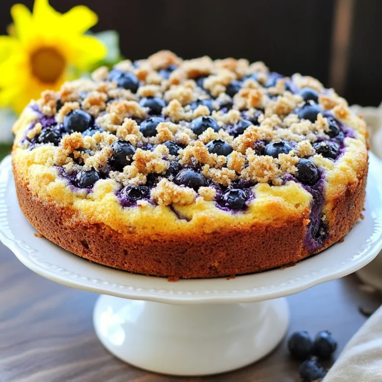 To make this yummy blueberry streusel coffee cake, you will need the following: - 2 cups all-purpose flour - 1 cup granulated sugar - 1/2 cup unsalted butter, softened - 1 cup sour cream - 2 large eggs - 1 teaspoon vanilla extract - 1 teaspoon baking soda - 1/2 teaspoon baking powder - 1/4 teaspoon salt - 1 1/2 cups fresh blueberries - 1/2 cup brown sugar (packed) - 1 teaspoon cinnamon - 1/2 cup oats (rolled or quick) These ingredients work together to create a soft and moist cake. The blueberries add a burst of flavor. The streusel topping gives a nice crunch. You can add some fun twists to your cake! Here are a few ideas: - Lemon zest for a zesty kick - Chopped nuts for added crunch - A drizzle of glaze for extra sweetness - Different berries like raspberries or blackberries These options can make your cake special and unique. Feel free to mix and match! Having the right tools makes baking easier. Here’s what you need: - Mixing bowls - Electric mixer or whisk - Measuring cups and spoons - Rubber spatula - 9x13 inch baking pan - Wire rack for cooling These tools help you mix, bake, and cool your cake perfectly. Each tool plays a key role in making your baking a success! {{ingredient_image_1}} 1. Preheat your oven to 350°F (175°C). Grease and flour a 9x13 inch baking pan. 2. In a large bowl, cream together the softened butter and granulated sugar. Mix until light and fluffy. 3. Add the eggs one at a time. Mix well after each egg. Stir in the vanilla extract. 4. In another bowl, whisk together the flour, baking soda, baking powder, and salt. 5. Gradually add the dry mix to the wet mix. Alternate with the sour cream. Start and end with dry mix. Stir until just combined. 6. Gently fold in the fresh blueberries. Be careful not to break them. 7. Pour the batter into your prepared pan and smooth the top. 8. In a small bowl, mix together the brown sugar, oats, and cinnamon for the streusel topping. Mix until crumbly. 9. Sprinkle the streusel topping evenly over the cake batter. 10. Bake in the oven for 45-50 minutes. A toothpick inserted in the center should come out clean. To check if your cake is done, insert a toothpick into the center. If it comes out clean, the cake is ready. If it has batter on it, bake for a few more minutes. Let the cake cool in the pan for about 15 minutes. Then, transfer it to a wire rack to cool completely. Enjoy the delightful aroma! To get the best texture for your Blueberry Streusel Coffee Cake, follow these steps: - Use room temperature butter and eggs. This helps the batter mix well. - Cream the butter and sugar until light and fluffy. This adds air, making the cake soft. - Don’t overmix the batter. Mix until just combined for a tender crumb. - Gently fold in the blueberries. This keeps them intact and juicy. Here are some common mistakes to watch out for: - Using cold ingredients can lead to a dense cake. Always let them warm up. - Forgetting to flour the pan might cause sticking. A greased and floured pan is key. - Adding too many blueberries can make the cake soggy. Stick to the 1 ½ cups for the best results. - Not checking for doneness can lead to a raw center. Use the toothpick test for a perfectly baked cake. This coffee cake shines on its own but pairs well with these items: - Serve with a hot cup of coffee or tea. The flavors blend beautifully. - Add a dollop of whipped cream for extra richness. - Consider fresh fruit on the side for a bright touch. - A drizzle of lemon glaze can add zest to each slice. Enjoy your baking and the delightful flavors of this Blueberry Streusel Coffee Cake! Pro Tips Fresh Blueberries: For the best flavor and texture, use fresh blueberries instead of frozen. If using frozen, do not thaw them before folding into the batter. Sour Cream Substitutes: If you don't have sour cream, you can substitute with plain Greek yogurt or buttermilk for a similar tangy flavor. Streusel Variation: Add chopped nuts like walnuts or pecans to the streusel topping for an extra crunch and flavor contrast. Storage Tips: Store leftover coffee cake in an airtight container at room temperature for up to 3 days, or refrigerate for up to a week. {{image_2}} You can make this cake gluten-free. Use a good gluten-free flour mix instead of all-purpose flour. Look for mixes that include xanthan gum. This helps the cake to rise and hold its shape. The rest of the recipe stays the same. You still get that sweet, tasty blueberry flavor. Feel free to switch up the fruit. You can use raspberries or strawberries instead of blueberries. Chopped peaches or apples work well too. For different flavors, add lemon zest or almond extract. These small changes can give your coffee cake a new twist. Get creative and have fun with it! For a dairy-free version, replace sour cream with a dairy-free yogurt. You can also use coconut oil or a dairy-free butter substitute in place of regular butter. Make sure to check that all ingredients are dairy-free. This way, everyone can enjoy this delicious coffee cake! To keep your blueberry streusel coffee cake fresh, store it in an airtight container. This will help prevent it from drying out. Place the cake at room temperature if you plan to eat it within two days. For longer storage, put it in the fridge. Freezing is a great way to keep your cake. First, let it cool completely after baking. Then, wrap the cake tightly in plastic wrap. Place it in a freezer-safe bag or container. It can last for up to three months in the freezer. When you are ready to eat it, simply thaw it in the fridge overnight. To enjoy your cake warm, preheat your oven to 350°F (175°C). Place the cake in the oven for about 10-15 minutes. This will help it regain some of its freshness. You can also microwave individual slices for about 20-30 seconds. Enjoy the warm flavors and aroma! Yes, you can use frozen blueberries. They work well in this recipe. Just remember to mix them in gently. This helps prevent them from breaking. You may want to add a bit more flour to the batter to soak up extra moisture. You can tell the cake is done by using a toothpick. Insert it into the center. If it comes out clean, your cake is ready. The edges may also pull away from the pan slightly. This is another good sign. If you don't have sour cream, use plain Greek yogurt instead. It gives a similar taste and texture. You can also use buttermilk as a substitute. Just keep the same amount as in the recipe. Yes, you can make this cake dairy-free. Use a dairy-free butter and swap sour cream with a plant-based yogurt. These changes still keep the cake moist and tasty. Store leftover cake in an airtight container. This keeps it fresh for about three days at room temperature. For longer storage, you can freeze individual slices. Absolutely! Adding chopped nuts gives a nice crunch. Walnuts or pecans work great. Just mix them in with the streusel ingredients before adding on top. If you prefer a sweeter cake, add an extra 1/4 cup of sugar to the batter. You can also drizzle a glaze on top after baking. A simple mix of powdered sugar and milk makes a tasty glaze. Yes, this coffee cake is perfect for brunch! Its sweet and fruity flavor pairs well with coffee or tea. It also looks great on a brunch table. You can double the recipe easily! Just use a larger pan. Make sure to adjust the baking time. Check for doneness with a toothpick. This blog post covered all the essential steps for making blueberry streusel coffee cake. We listed the key ingredients you need and offered options for customizing the recipe. I shared tips to help you avoid common mistakes and achieve the perfect texture. You can even make it gluten-free or dairy-free. Remember to store it properly for the best taste. I hope these instructions inspire you to bake and enjoy your coffee cake. Happy baking!