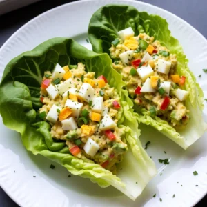 To make Avocado Egg Salad Lettuce Boats, you need a few key items: - 4 large eggs, boiled and diced - 1 ripe avocado, mashed - 2 tablespoons Greek yogurt - 1 tablespoon Dijon mustard - 1 tablespoon fresh lemon juice - Salt and pepper to taste - 1/4 cup red bell pepper, finely chopped - 1/4 cup green onions, finely sliced - 1 teaspoon fresh dill or parsley, chopped (optional) - Leafy Romaine or Butter Lettuce for serving These ingredients blend well to create a creamy, tasty salad. The eggs provide protein. The avocado adds creaminess, and the yogurt gives a tangy twist. Feel free to customize your salad. Here are some optional additions: - Chopped celery for crunch - Sliced olives for a briny taste - Chopped pickles for sharpness These extras can enhance flavor and texture. Experiment to find your favorite mix. Need alternatives? Here are some easy swaps: - Replace Greek yogurt with a dairy-free option for a vegan dish. - Use mustard alternatives if you're allergic. - Choose gluten-free lettuce if needed. These substitutions keep the salad delicious while meeting dietary needs. Enjoy a tasty dish that fits your lifestyle! {{ingredient_image_1}} To boil eggs, start with cold water. Place your eggs in a pot and cover them with water. Heat the pot on medium-high until the water boils. Once it boils, cover the pot and turn off the heat. Let the eggs sit for 12 minutes. After that, move them to a bowl of cold water. This cools them down, making them easier to peel. Once your eggs are cool, peel them. Dice the eggs into small pieces. In a large bowl, add the diced eggs and a ripe avocado. Mash the avocado with a fork. Mix the avocado and eggs gently. Aim for a creamy texture but keep some egg pieces intact. In a separate small bowl, whisk together your dressing. Combine 2 tablespoons of Greek yogurt, 1 tablespoon of Dijon mustard, and 1 tablespoon of fresh lemon juice. Add salt and pepper to taste. Pour this dressing over the egg and avocado mix. Then, fold in 1/4 cup of finely chopped red bell pepper and 1/4 cup of sliced green onions. If you like, add fresh dill or parsley for extra flavor. Mix gently until everything is well combined. To make the best egg salad, focus on creaminess. A ripe avocado is key. Mash it well, so it blends easily. Use Greek yogurt for a lighter touch and tangy flavor. This will add a nice creaminess without too many calories. Mix gently to avoid breaking the eggs too much. This keeps the salad light and fluffy. Picking a ripe avocado is simple. Look for ones that yield slightly to gentle pressure. If it feels hard, it&rsquo;s not ready. If it feels very soft, it may be overripe. A good avocado should have a dark green or black skin. Check for blemishes or dark spots, as these can signal spoilage. For a fun presentation, use large lettuce leaves. Romaine or Butter Lettuce works best. Spoon the egg salad into each leaf, filling generously. You can add extra herbs on top for color and flavor. A sprinkle of paprika makes it pop visually. Serve these boats on a colorful platter for a fresh look. This dish is perfect for parties or quick lunches. Pro Tips Perfectly Boiled Eggs: For the best texture, use eggs that are at least a week old. Fresh eggs are harder to peel after boiling. Avocado Ripeness: Choose a ripe avocado that yields slightly to pressure for a creamy consistency in your salad. Flavor Boost: Add a pinch of smoked paprika or cayenne pepper to the mixture for an extra kick. Serving Suggestions: Serve with whole grain crackers or toasted bread for a heartier meal option. {{image_2}} Want to boost your Avocado Egg Salad? Add protein! You can mix in cooked chicken, tuna, or shrimp. Each option gives a new flavor and texture. For a plant-based boost, try chickpeas or black beans. These protein sources make the dish heartier and more filling. If you want a vegetarian or vegan option, replace the eggs with tofu. Silken tofu works best for a creamy texture. You can mash it like the avocado. For a vegan dressing, swap Greek yogurt with plant-based yogurt. This keeps it creamy while making it plant-friendly. Get creative with flavors! Add spices like paprika, cumin, or curry powder for a twist. You can also mix in veggies like diced cucumbers, peas, or corn. Fresh herbs like cilantro or basil can give a bright taste. These flavor variations keep your dish fresh and exciting every time you make it. To store leftovers of your avocado egg salad, place them in an airtight container. This keeps the salad fresh and prevents it from drying out. Make sure to cover the container well. You can store it in the fridge for easy access. Avocado egg salad is best eaten fresh. However, if you store it in the fridge, it lasts about 2-3 days. After that, the avocado may brown and the eggs might lose their taste. Always check for any off smell before eating. I do not recommend freezing avocado egg salad. Freezing can change the texture and flavor. The eggs may become rubbery, and the avocado can turn mushy. It's best to enjoy this salad fresh or store it in the fridge for short-term use. Yes, you can make this recipe in advance. Prepare the egg salad, then store it in the fridge. It stays fresh for about 2 days. Keep the lettuce separate to avoid sogginess. You can fill the boats right before serving. I recommend using Romaine or Butter Lettuce. Romaine has a sturdy shape, making it easy to hold. Butter Lettuce is soft and has a nice flavor. Both types add a fresh crunch to the dish. Absolutely! Avocado Egg Salad is great for meal prep. You can portion it into containers for easy lunches. Just remember to keep the lettuce separate. This way, you can enjoy fresh, crisp lettuce every time you eat. Avocado egg salad is simple and tasty. You learned about key ingredients, step-by-step instructions, and tips for the best results. I shared ideas for variations and how to store leftovers. This salad is great for any meal and easy to make. You can try new flavors and add proteins to fit your needs. Enjoy its creamy texture and fresh taste. This dish is healthy and fun. I hope you feel inspired to make your own avocado egg salad today!