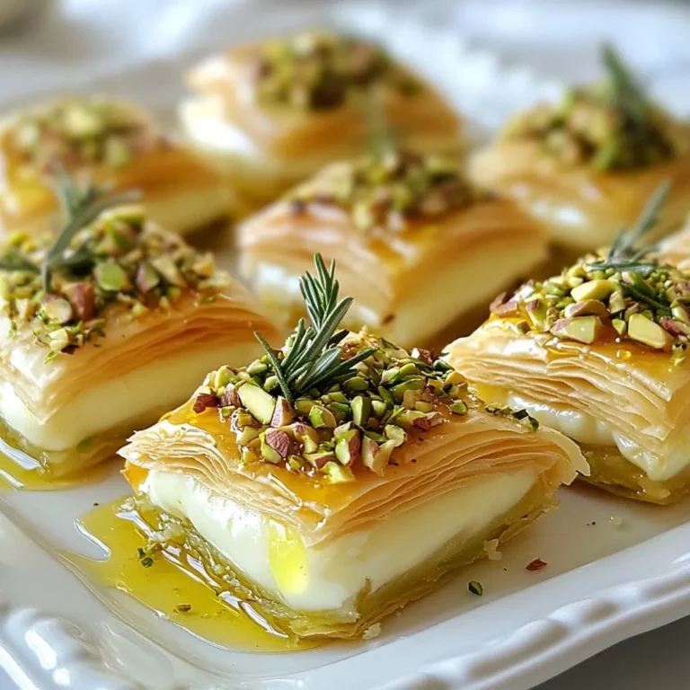 To make Pistachio Crusted Brie Bites, you need these key ingredients: - 1 wheel of Brie cheese (about 8 oz) - 1 cup shelled pistachios, finely chopped - 1 sheet of phyllo pastry (thawed) - 1 tablespoon honey - 2 tablespoons fresh rosemary, finely chopped - 1 tablespoon olive oil - 1 egg, beaten (for egg wash) - Salt and pepper to taste These ingredients come together to create a rich and crunchy snack. The Brie cheese melts beautifully, while the pistachios add a nice texture. You can also try these optional ingredients to make your bites unique: - Dried cranberries or figs for sweetness - A sprinkle of chili flakes for heat - A dash of garlic powder for extra flavor - Different herbs like thyme or parsley These add-ons let you play with flavors. Feel free to mix and match based on your taste. To ensure your Pistachio Crusted Brie Bites shine, follow these tips: - Use fresh, high-quality Brie for the best melt and flavor. - Opt for unsalted pistachios if you control the salt level. - Choose phyllo pastry that is fresh and pliable for easy handling. - Keep the phyllo pastry covered with a damp cloth to prevent drying while you work. These tips help you achieve a lovely, golden finish. They also enhance the overall taste and texture of your bites. {{ingredient_image_1}} First, gather your ingredients. You will need: - 1 wheel of Brie cheese (about 8 oz) - 1 cup shelled pistachios, finely chopped - 1 sheet of phyllo pastry (thawed) - 1 tablespoon honey - 2 tablespoons fresh rosemary, finely chopped - 1 tablespoon olive oil - 1 egg, beaten (for egg wash) - Salt and pepper to taste Next, preheat your oven to 375°F (190°C). Line a baking sheet with parchment paper to prevent sticking. In a bowl, mix the finely chopped pistachios, chopped rosemary, salt, and pepper until well combined. This mix adds great flavor and texture. On a clean surface, lay out one sheet of the thawed phyllo pastry. Brush it lightly with olive oil using a pastry brush. Cut the phyllo into squares, about 3x3 inches each. The phyllo will make your bites crispy and light. Place a small piece of Brie cheese in the center of each square. Drizzle a tiny bit of honey on top of the Brie for sweetness. Gather the corners of the phyllo square over the Brie and pinch to seal it. Make sure it is completely enclosed to keep the cheese from leaking. Now, dip the tops of each phyllo-wrapped Brie bite into the chopped pistachio mixture. Press gently so the nuts stick well. This step gives your bites a beautiful and crunchy crust. Place the pistachio-crusted Brie bites seam-side down on the prepared baking sheet. Brush the tops with the beaten egg. This gives them a shiny finish and helps them brown nicely. Bake in the preheated oven for about 12-15 minutes, or until they turn golden and crisp. Keep an eye on them to avoid burning. Once done, remove the brie bites from the oven and let them cool for a minute. This brief cooling helps prevent burns. For a lovely presentation, arrange the bites on a beautiful serving platter. Drizzle with extra honey and sprinkle with fresh rosemary for a pop of color. Serve with fresh fruit or crackers for added texture. Enjoy your tasty creation! - Use fresh ingredients. Fresh rosemary adds great flavor. - Chop the pistachios finely. This helps them stick better to the pastry. - Keep your phyllo pastry covered with a damp towel. This prevents it from drying out. - Brush the pastry lightly with olive oil. This gives a nice crisp texture. - Pinch the phyllo tightly around the Brie. Make sure no cheese leaks out. - Don’t skip the egg wash. It creates a beautiful golden color. - Avoid overbaking. Watch for a golden color, not brown. - Don’t crowd the baking sheet. Give each bite space for even cooking. - Make sure to seal the pastry well. It keeps the brie inside and melts perfectly. - Serve brie bites on a fancy platter. It makes a great centerpiece. - Drizzle extra honey on top before serving. It adds sweetness. - Sprinkle more fresh rosemary for color. It looks pretty and tastes great. - Pair with fresh fruit like grapes or apples. They balance the rich cheese. - Offer a selection of crackers. This adds crunch and variety to your snack. Pro Tips Use Fresh Ingredients: Fresh rosemary and quality Brie cheese will enhance the flavor of your brie bites significantly. Always opt for fresh herbs whenever possible. Experiment with Nuts: While pistachios are delicious, feel free to mix in other nuts like walnuts or almonds for a different flavor profile. Just make sure they're finely chopped. Phyllo Pastry Handling: Keep the phyllo pastry covered with a damp cloth while working to prevent it from drying out. If it dries, it will become brittle and difficult to work with. Serving Suggestions: These brie bites pair wonderfully with a variety of accompaniments. Consider serving them with a selection of fresh fruits, honey, or artisan crackers for a beautiful presentation. {{image_2}} You can switch out pistachios for other nuts. Walnuts, almonds, or pecans work well. Each nut adds a unique taste and texture. Chopped walnuts give a rich flavor. Almonds add a nice crunch. Pecans have a sweet, buttery taste. Just chop them finely, like you did with the pistachios. This change keeps the snack fresh and fun! You can boost the flavor of your brie bites using spices. Try adding garlic powder or smoked paprika. These spices add depth to the bites. Fresh herbs can also shine here. Thyme or basil can replace rosemary. Just chop them finely and mix with the nuts. The right spice or herb can turn a good snack into a great one! If you want to change the pastry, you can use puff pastry. Puff pastry gives a flakier texture. It also adds a buttery taste that pairs well with the cheese. You can try using wonton wrappers too. They are easy to find and quick to use. Just remember to adjust the baking time. The goal is a golden, crispy outside. Your choice of pastry can change the whole experience! To store leftover brie bites, let them cool completely. Place them in an airtight container. You can keep them in the fridge for up to three days. If you want to keep them longer, freezing is a great option. If you plan to make these bites ahead of time, freeze them before baking. After you assemble the brie bites, place them on a baking sheet. Don’t let them touch. Freeze until solid, then transfer to a freezer-safe bag or container. They will last up to two months in the freezer. When you're ready, bake them from frozen without thawing. To reheat, preheat your oven to 375°F (190°C). Place the leftover brie bites on a baking sheet. Bake for about 10-12 minutes, or until they are hot and crisp. This method helps restore their crunchy texture, making each bite as delightful as the first. Avoid using the microwave, as it can make the pastry soggy. I love to serve these brie bites with fresh fruit. Think apples, grapes, or pears. They add a sweet touch. You can also include crunchy crackers for texture. A drizzle of extra honey on top is a must! It enhances the flavor and makes it look pretty. Consider adding fresh rosemary sprigs for decoration. They give a nice pop of color and aroma. Yes, you can prepare them in advance! Make the bites and keep them in the fridge for up to 24 hours. Cover them tightly with plastic wrap. When you're ready, bake them straight from the fridge. You might need to add a few extra minutes to the baking time. This way, you can enjoy them fresh and warm without stress. Watch for a golden color on the phyllo pastry. You want it to be crispy, not burnt. The cheese inside should be soft and gooey. A good test is to poke a bite gently. If it feels warm and the pastry is firm, they are ready! Let them cool for a minute before serving. This keeps the cheese from being too hot to eat. In this post, we explored how to make Pistachio Crusted Brie Bites. We covered essential ingredients, step-by-step instructions, and tips for perfect results. Remember to customize your bites with different nuts and spices for unique flavors. Avoid common mistakes to ensure your creation is a hit. Finally, store leftovers properly and consider reheating tips for the best taste. Enjoy your delicious brie bites!