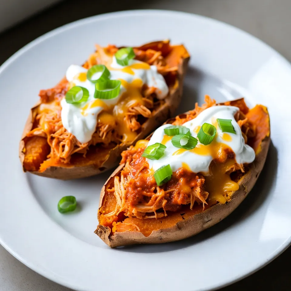 Here’s what you need to make Buffalo Chicken Stuffed Sweet Potatoes: - 4 medium sweet potatoes - 2 cups cooked shredded chicken - 1/2 cup buffalo sauce (adjust to taste) - 1/2 cup Greek yogurt (or sour cream) - 1 cup shredded cheddar cheese - 1/4 cup green onions, sliced - 1 tablespoon olive oil - Salt and pepper to taste - Optional: celery sticks for serving These ingredients create a tasty dish that is both filling and fun. The sweet potatoes add a natural sweetness, while the buffalo chicken gives a spicy kick. You can adjust the buffalo sauce to make it milder or hotter based on your taste. Feel free to swap Greek yogurt for sour cream if you prefer. The creamy topping pairs well with the spicy filling. Green onions add a fresh crunch and bright flavor. Using these ingredients, you can create a dish that impresses friends and family. Serve with celery sticks for a nice crunch. Enjoy making this savory delight! {{ingredient_image_1}} 1. Preheating the oven: Start by preheating your oven to 400°F (200°C). This step helps cook the sweet potatoes evenly. 2. Washing and poking holes in sweet potatoes: Rinse the sweet potatoes under cold water. Scrub them well to remove dirt. Use a fork to poke holes in each potato. This helps steam escape while baking. 3. Drizzling with olive oil and seasoning: Place the sweet potatoes on a baking sheet. Drizzle them with olive oil, then sprinkle with salt and pepper. This adds flavor and helps the skin crisp up. 4. Baking duration and checking for tenderness: Bake the sweet potatoes for about 45-60 minutes. They should be tender when you poke them with a fork. 1. Combining shredded chicken with buffalo sauce: In a bowl, add the cooked shredded chicken. Pour in the buffalo sauce and mix well. This will coat the chicken with bold flavors. 2. Adjusting spice levels to taste: Taste the mixture and add more buffalo sauce if you like it spicier. This step allows you to customize the heat to your liking. 1. Fluffing and filling sweet potatoes: Once the sweet potatoes cool, cut each in half lengthwise. Use a fork to fluff the insides. Spoon the buffalo chicken mixture into each sweet potato half. 2. Topping with Greek yogurt and cheese: Add a dollop of Greek yogurt on top of each stuffed potato. Then, sprinkle a generous amount of shredded cheddar cheese over everything. 3. Final baking for melting cheese: Return the stuffed sweet potatoes to the oven. Bake for another 10 minutes, or until the cheese is melted and bubbly. This step-by-step guide ensures your Buffalo Chicken Stuffed Sweet Potatoes turn out delicious every time! Enjoy the savory delight that awaits you. To ensure your sweet potatoes cook evenly, choose similar-sized ones. This helps them bake at the same rate. Preheat your oven to 400°F (200°C) before baking. Poke holes in the potatoes with a fork to let steam escape. Bake them for 45-60 minutes until they feel soft. Check by inserting a fork. If it goes in easily, they are done. Adjusting buffalo sauce for heat is easy. Start with half a cup and mix it with the chicken. Taste it before adding more. If you like spicy, add more sauce. If you prefer milder flavors, use less. You control the heat! For serving, place the stuffed sweet potatoes on a rustic wooden platter. This makes a nice display. Add some celery sticks on the side for a crisp touch. It gives your dish a fresh look. Garnishing adds flair. Use sliced green onions on top for a pop of color. Drizzle a little extra buffalo sauce over the stuffed potatoes. This enhances the flavor and makes it look even better. A little extra sauce can make a big difference! Pro Tips Choose the Right Sweet Potatoes: Look for firm, smooth sweet potatoes without any blemishes for the best flavor and texture. Adjust the Spice Level: Feel free to experiment with different types of buffalo sauce, or mix in some ranch seasoning for a milder flavor. Make Ahead: You can prepare the buffalo chicken mixture in advance and store it in the fridge for easy assembly on busy nights. Garnish Creatively: Consider adding toppings like crumbled blue cheese or diced tomatoes for extra flavor and color. {{image_2}} You can change this recipe to suit your taste. Here are some fun ideas: - Alternative toppings or sauces: Instead of Greek yogurt, try ranch dressing or blue cheese. Both add a creamy touch. You can also top with diced tomatoes or avocado for extra freshness. - Different types of cheese: While cheddar is tasty, you can mix it up. Try pepper jack for a spicy kick. Mozzarella will give a nice stretch. This dish can fit many diets. Here are some options: - Making it gluten-free: The ingredients are mostly gluten-free. Just ensure your buffalo sauce has no gluten. Most brands are safe, but check labels to be sure. - Vegetarian options with meat substitutes: For a vegetarian twist, swap the chicken for shredded jackfruit or lentils. Both provide a hearty texture and soak up flavor well. You can use the same buffalo sauce to keep that spicy kick. To keep your Buffalo Chicken Stuffed Sweet Potatoes fresh, I recommend refrigerating them. Place the leftovers in an airtight container. This will help the flavors stay intact. You can store them in the fridge for up to three days. If you want to keep them longer, try freezing them. Use freezer-safe bags or containers. This way, they can last for up to three months. When you are ready to eat your leftovers, reheating is easy. The best method is to use the oven. Preheat it to 350°F (175°C). Place the stuffed sweet potatoes on a baking sheet. Cover them with foil to keep moisture in. Heat for about 15-20 minutes. If you prefer using a microwave, you can do that too. Place the sweet potato on a microwave-safe plate. Heat in 30-second intervals until warm. Enjoy your tasty meal again! Can I make this recipe in advance? Yes, you can make the filling ahead of time. Just store the buffalo chicken mix in the fridge. Bake the sweet potatoes fresh when you are ready to eat. How do I know when sweet potatoes are cooked? Sweet potatoes are done when they are soft. You can poke them with a fork. If the fork goes in easily, they are ready. What can I serve with Buffalo Chicken Stuffed Sweet Potatoes? You can serve celery sticks on the side. They add a nice crunch. A fresh salad works well, too. Can I freeze the stuffed sweet potatoes? Yes, you can freeze them. Just wrap each stuffed potato tightly in foil. Thaw in the fridge before reheating. How to adjust the recipe for more servings? Just double the ingredients for a bigger batch. Use more sweet potatoes and increase the chicken and sauce. You learned how to make Buffalo Chicken Stuffed Sweet Potatoes. First, prepare the sweet potatoes. Then, mix chicken with buffalo sauce. Finally, fill and bake them until cheesy and delicious. These stuffed sweet potatoes are not just tasty; they offer options for different diets and flavors. You can enjoy this meal in many ways. Keep the leftovers fresh, and don’t forget to have fun with toppings!