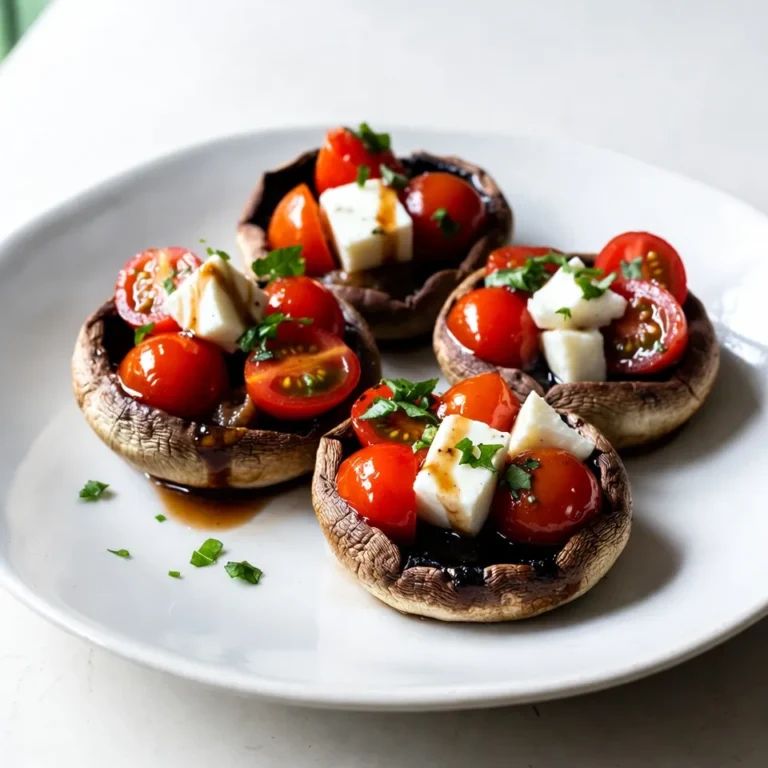 - 4 large Portobello mushrooms, stems removed - 1 cup cherry tomatoes, halved - 8 oz fresh mozzarella cheese, diced - 1/4 cup fresh basil leaves, chopped - 2 tablespoons balsamic glaze - 2 tablespoons olive oil - 2 cloves garlic, minced - Salt and pepper to taste When picking mushrooms, choose firm, dark Portobello caps. Avoid any that feel slimy. For tomatoes, go for bright, glossy cherry tomatoes. Fresh mozzarella should feel soft and springy. If you can, buy basil that smells strong. Fresh herbs add bright flavors to your dish. Don’t have Portobello mushrooms? Use large bell peppers instead. They offer a sweet flavor and can hold the filling well. If you want a dairy-free option, try vegan cheese. You can swap cherry tomatoes for sun-dried tomatoes for a deeper taste. Use pesto in place of basil for a twist on flavor. {{ingredient_image_1}} First, gather all your ingredients. You will need four large Portobello mushrooms, cherry tomatoes, fresh mozzarella, basil, balsamic glaze, olive oil, garlic, salt, and pepper. Next, preheat your oven to 375°F (190°C). This step is key for even cooking. Brush the Portobello mushrooms with olive oil. Place them on a baking sheet, gill side up. Season them well with salt and pepper. This makes the mushrooms taste great. Now, in a large bowl, combine halved cherry tomatoes, diced mozzarella, minced garlic, and chopped basil. This mix gives the mushrooms a fresh and tasty filling. Drizzle one tablespoon of balsamic glaze over the mixture. Gently stir it all together to blend the flavors. Spoon the Caprese mixture into each Portobello mushroom cap. Press it down slightly to hold the filling in place. Drizzle the remaining balsamic glaze over the stuffed mushrooms. This adds extra flavor and a nice glaze. Bake the mushrooms in your preheated oven for 20-25 minutes. You want them to be tender and the cheese to melt and bubble. Once done, carefully remove them from the oven. Let them cool for a few minutes before serving. This helps avoid burns and keeps the flavors intact. Serve the stuffed mushrooms on a large platter. Drizzle with more balsamic glaze for a beautiful finish. Garnish them with fresh basil leaves for extra color and flavor. This makes the dish look vibrant and appetizing. To boost flavor, always use ripe cherry tomatoes. Their sweetness makes a big difference. Fresh mozzarella adds creaminess. Choose a high-quality brand for the best taste. Mince the garlic finely for even flavor. Don't rush the mixing; gentle folds help blend the ingredients well. Feel free to swap ingredients to match your taste. Try using burrata instead of mozzarella for a richer texture. You can add spinach for extra greens. If you like spice, toss in red pepper flakes. For a tangy twist, use feta cheese instead of mozzarella. Each swap can change the flavor and texture of your dish. A beautiful plate makes food more enticing. Serve the mushrooms on a bright platter. Drizzle extra balsamic glaze on top for a shiny finish. Add a sprinkle of fresh basil leaves around the mushrooms for color. You could even serve with crusty bread for dipping. This adds to the meal's appeal and makes it more fun. Pro Tips Choose the Right Mushrooms: Opt for large, firm Portobello mushrooms to ensure they hold their shape during baking and provide a hearty base for the Caprese filling. Fresh Ingredients Matter: Use fresh mozzarella and basil for the best flavor. The freshness will enhance the overall taste of the dish significantly. Experiment with Flavors: Feel free to add other ingredients like pesto or sun-dried tomatoes to the filling for a unique twist on the classic Caprese flavor profile. Don’t Overstuff: While it's tempting to add a lot of filling, make sure to leave some space in the mushroom caps to allow the cheese to melt without spilling over. {{image_2}} You can easily make this dish vegan. Replace mozzarella with vegan cheese. Use a nut-based cheese for creaminess. You can also swap balsamic glaze for a balsamic reduction. This keeps the sweet-tart flavor. Add a sprinkle of nutritional yeast for a cheesy taste. For a Mediterranean vibe, add some kalamata olives and roasted red peppers. These ingredients bring a nice salty flavor. You can also toss in some artichoke hearts. This adds depth to your Caprese stuffed mushrooms. A drizzle of olive oil boosts the Mediterranean feel. Use seasonal ingredients to change the flavor. In spring, try adding asparagus or peas. In summer, you can include zucchini or bell peppers. Fall is great for adding roasted butternut squash. Each season adds a new twist, keeping the dish fresh and exciting. To keep your Caprese stuffed Portobello mushrooms fresh, place them in an airtight container. Store them in the fridge. They can last up to three days. If you want to enjoy them later, this is a great way to save them. You can freeze these mushrooms for longer storage. First, let them cool completely. Then, wrap each stuffed mushroom tightly in plastic wrap. Place the wrapped mushrooms in a freezer-safe bag. They will last for up to three months in the freezer. Make sure to label the bag with the date. To reheat, you have a few options. If you prefer the oven, preheat it to 350°F (175°C). Place the mushrooms on a baking sheet and cover them with foil. Heat for about 15-20 minutes or until warmed through. If you’re in a hurry, use the microwave. Heat on medium for about 1-2 minutes. Just be careful not to overcook them, as they may become soggy. Enjoy your tasty leftovers! Portobello mushrooms are large, meaty mushrooms. They have a rich, earthy taste. These mushrooms make a perfect base for stuffing. Their size holds the stuffing well. Portobello mushrooms are packed with nutrients, too. They contain fiber, potassium, and antioxidants. This makes them a healthy choice for any meal. Yes, you can make Caprese stuffed Portobello mushrooms ahead of time. Prepare the stuffed mushrooms and cover them. Store them in the fridge for up to a day. When ready to cook, just pop them in the oven. This keeps the flavors fresh, and it saves time. You can tell the mushrooms are done when they are tender. The cheese should also be melted and bubbly. Baking for about 20-25 minutes at 375°F (190°C) works well. If you see a nice golden color, they are ready to eat. Let them cool a bit before serving. We explored the key ingredients and how to prepare them for a delicious dish. Quality, freshness, and smart substitutions can enhance your meal. Our cooking steps and serving tips ensure you get great results every time. Remember, variations let you tailor this dish to your taste. Finally, proper storage keeps leftovers fresh, so you can enjoy them later. Use these tips for a fun and tasty cooking experience. Get ready to impress your friends and family!