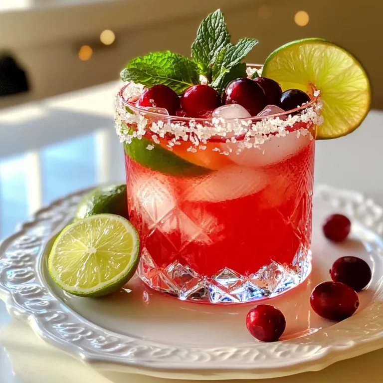 - 1 cup fresh cranberries - 1/2 cup fresh lime juice - 1/2 cup agave syrup - 1 cup sparkling water or club soda - Fresh mint leaves (for garnish) - Lime wedges (for garnish) - Ice cubes To make a Mistletoe Margarita, gather these simple ingredients. Fresh cranberries give the drink a vibrant flavor and color. Lime juice adds a zesty kick that brightens the drink. Agave syrup sweetens it up, but feel free to adjust this based on your taste. Choose sparkling water or club soda for a bubbly finish. Fresh mint leaves make a beautiful garnish, adding a refreshing scent. Lime wedges add a nice touch and extra flavor. Ice cubes keep your drink cool and refreshing. With these ingredients, you can create a drink that is both festive and enjoyable. Each element plays a role in making this drink fun and tasty. The blend of sweet, tart, and bubbly flavors will surely delight your guests. {{ingredient_image_1}} - Step 1: Blend cranberries and lime juice Start by placing one cup of fresh cranberries and half a cup of fresh lime juice in a blender. Blend them until the mixture is smooth. This step creates a vibrant base for your drink. - Step 2: Strain the mixture Next, take the blended mixture and strain it through a fine-mesh sieve into a pitcher. This will remove any pulp. You want a smooth drink that is easy to sip. - Step 3: Mix with agave syrup Add half a cup of agave syrup to the cranberry-lime juice. Stir well until the syrup mixes in fully. You can adjust the sweetness to your taste, making it just right for you. - Step 4: Add ice cubes and sparkling water Before serving, add ice cubes to the pitcher. Then, gently pour in one cup of sparkling water or club soda. This adds a nice fizz to your drink, making it festive. - Step 5: Serve and garnish Finally, pour the mistletoe margarita into decorative glasses. Garnish each drink with lime wedges and fresh mint leaves. This will make your drink look beautiful and inviting. Enjoy your refreshing creation! - Adjusting sweetness with agave syrup: Agave syrup helps balance the tartness. Start with 1/2 cup. Taste it, then add more if needed. This lets you find your perfect sweetness. - Selecting fresh ingredients for the best flavor: Use fresh cranberries and limes. Fresh ingredients make a big difference. They add vibrant flavors to your drink. Check for firmness in cranberries. Limes should feel heavy and firm. - Tips for achieving the perfect blend: Blend cranberries and lime juice until smooth. This creates a nice base. Strain it for a clear drink. This also helps remove any bits that may affect texture. - Using lime wedges effectively: Cut lime into wedges for easy handling. Place them on the rim of the glass. This adds a pop of color and flavor. Guests can squeeze them for extra zest. - Adding mint leaves for freshness: Fresh mint leaves give a nice aroma. Add a few leaves on top before serving. This step enhances the look and taste of your drink. Plus, mint gives a holiday feel. Pro Tips Use Fresh Ingredients: Always opt for fresh cranberries and limes to achieve the best flavor in your margarita. Adjust Sweetness: Taste your mixture before adding all the agave syrup; you can always add more if needed, but it’s harder to fix an overly sweet drink. Chill Your Glasses: For an extra refreshing experience, chill your glasses in the freezer for a few minutes before serving the margaritas. Experiment with Garnishes: Feel free to add other garnishes like pomegranate seeds or a sugar rim to enhance the festive appearance. {{image_2}} You can mix up the Mistletoe Margarita easily. One fun way is to use flavored sparkling water. Think about using cranberry or lime sparkling water for a twist. This keeps the drink light and bubbly. You can also try a Cranberry-Lime Mule. Replace the sparkling water with ginger beer. This adds a nice zing and warmth to the drink. It’s unique and tasty! Want to make it a bit stronger? You can add tequila or vodka for an alcoholic version. Just pour in about 1 to 2 ounces per glass. This gives the drink a nice kick. You can also consider flavored liqueurs like orange or peach. They add depth and make the drink even more exciting. Experiment with the flavors you like best! To keep your mistletoe margaritas fresh, store any leftovers in the fridge. Pour the drink into a sealed container. This way, it stays bubbly and tasty. The drink will last for about one day. After that, it may lose its fizz and flavor. You can make this drink ahead of time for parties. Blend the cranberries and lime juice. Strain it and mix in agave syrup. Store this mixture in the fridge. Just before you serve, add ice and sparkling water. This keeps the drink fresh and fizzy. To keep your ingredients fresh, buy them close to your party date. Fresh cranberries and limes will taste best. Store them in a cool, dry place. This way, your margaritas will always be a hit! A Mistletoe Margarita is a festive drink. It combines fresh cranberries and lime juice. The result is a sweet and tangy flavor. This drink is perfect for holiday gatherings. It also looks beautiful with its bright colors. Yes, you can easily make a non-alcoholic version. Just skip any alcohol and enjoy the fruity mix. You can still use the same ingredients. This way, everyone can enjoy the drink. To serve more people, multiply the ingredients. For example, use four cups of cranberries. This will make a bigger batch. You can also prepare it in advance. Just mix the juice and agave, then add sparkling water before serving. This keeps it bubbly and fresh. You can get creative with garnishes. Try using orange slices for a twist. Pomegranate seeds can add a pop of color too. Fresh rosemary sprigs also make a beautiful touch. These options enhance the drink's look and taste. You now have a simple, tasty Mistletoe Margarita recipe to try. With just a few ingredients and easy steps, you can impress your guests. Remember to adjust the sweetness to fit your taste. Get creative with your garnishing and think about new flavor combos. If you prep in advance, you'll save time during your gathering. Enjoy sharing this drink with friends and family this season. Cheers to your delicious cocktail!