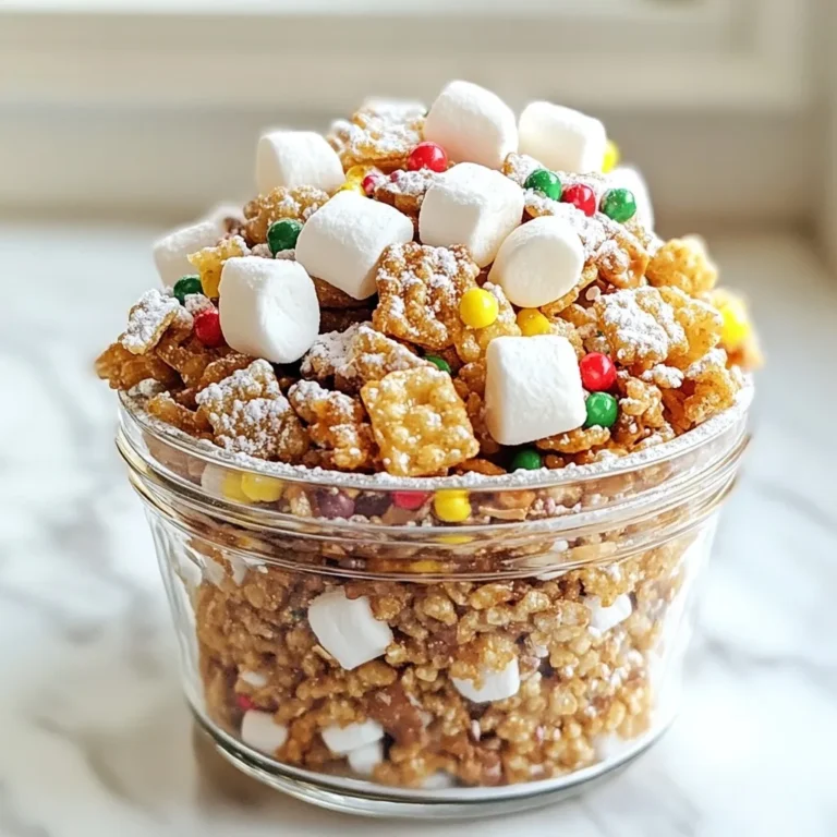 When making Reindeer Chow, gather these simple ingredients. Each one plays a key role in creating a tasty treat. - 4 cups crispy rice cereal - 1 cup peanut butter - 1 cup dark chocolate chips - ½ cup honey - 1 teaspoon vanilla extract - 1 cup powdered sugar - 1 cup mini marshmallows - ½ cup festive sprinkles (red, green, and silver) These ingredients blend well together. The crispy rice cereal gives a nice crunch. Peanut butter adds creaminess. Dark chocolate brings rich flavor. Honey sweetens it all up. Vanilla enhances the taste. Powdered sugar adds a sweet finish. Mini marshmallows give a soft texture. Festive sprinkles make it look fun and bright. Gather these items before you start. Having everything ready will make cooking easy and fun! {{ingredient_image_1}} First, grab a large saucepan. Add the dark chocolate chips, peanut butter, and honey. Place the pan over low heat. Stir constantly until it melts and mixes well. This step makes the base for our treat. When it looks smooth, take it off the heat. Stir in the vanilla extract for extra flavor. Now, take a large mixing bowl. Pour in the crispy rice cereal. Carefully pour the warm chocolate-peanut butter mixture over the cereal. Use a spatula to stir gently. Make sure each piece of cereal gets coated. This is key for that yummy taste. Next, add the mini marshmallows and half of the festive sprinkles. Gently fold them in. Be careful not to break the marshmallows. They add a nice chewy texture. The sprinkles will bring color and fun to the mix! Spread the mixture onto a baking sheet lined with parchment paper. Press it down firmly to make an even layer. Let it cool at room temperature for about 30 minutes. This helps it set and become firm. After it cools, cut or break it into bite-sized pieces. Dust with powdered sugar and add the rest of the sprinkles on top. Place the reindeer chow in a festive bowl to serve. Enjoy your delightful snack! To make Reindeer Chow truly tasty, focus on the right mix. Use crispy rice cereal for a nice crunch. When you melt the chocolate, stir it slowly. This helps keep it smooth. If you want a softer texture, add more mini marshmallows. They give a nice chewy bite. To make your Reindeer Chow look fun, serve it in clear glass jars. You can also use festive bowls. Add a few extra sprinkles on top for color and flair. For a special touch, tie a ribbon around the jars. This makes it perfect for parties or family gatherings. If you want to give Reindeer Chow as a gift, package it with care. Use small boxes or treat bags. Line them with colorful tissue paper. Add a tag with a sweet note. This makes your gift feel personal and warm. Everyone loves a tasty treat, especially during the holidays! Pro Tips Storage Tip: Store your Reindeer Chow in an airtight container to keep it fresh and crunchy for up to a week. Chocolate Variation: For a different flavor, try using white chocolate chips instead of dark chocolate for a sweeter taste. Marshmallow Fun: Use colored mini marshmallows for an extra festive look that matches the holiday theme. Serving Suggestion: Pair with a warm cup of cocoa for a delightful treat during the holiday season! {{image_2}} You can change the taste of Reindeer Chow easily. Try these fun swaps: - Nut butters: Use almond or cashew butter for a new flavor. - Chocolate types: Swap dark chocolate for milk chocolate or white chocolate. - Add-ins: Mix in crushed pretzels, dried fruit, or nuts for extra crunch. Each change gives a unique twist to your Reindeer Chow. Experiment with what you love! Making Reindeer Chow safe for everyone is simple! Here are some ideas: - Nut-free: Use sunflower seed butter instead of peanut butter. - Gluten-free: Ensure you use gluten-free crispy rice cereal. - Dairy-free: Choose dairy-free chocolate chips for a tasty vegan treat. These swaps help you share the joy of this snack with all your friends! You can adjust Reindeer Chow for any holiday. Here’s how: - Halloween: Use orange and black sprinkles and add candy corn. - Easter: Switch to pastel sprinkles and mix in mini chocolate eggs. - Birthday: Choose colorful sprinkles and add birthday cake-flavored mix-ins. These ideas make Reindeer Chow perfect for every festive occasion! To keep your Reindeer Chow fresh, store it in an airtight container. You can use a glass jar or a plastic container with a tight lid. Make sure the chow is completely cool before sealing it. This step helps keep it crunchy and tasty. When stored correctly, Reindeer Chow lasts about one week at room temperature. If you keep it in the fridge, it can last for up to two weeks. However, I recommend enjoying it sooner for the best flavor and texture. You can freeze Reindeer Chow if you want to keep it longer. Cut it into pieces and place them in a freezer bag. Squeeze out the air before sealing. It will stay fresh for up to three months in the freezer. When you’re ready to enjoy it, just thaw it in the fridge overnight. Reindeer Chow is a fun, sweet snack mix. It combines crispy rice cereal, peanut butter, and dark chocolate. The mix has mini marshmallows and festive sprinkles for extra joy. This treat is perfect for holiday gatherings or cozy nights at home. It brings smiles and warmth to any occasion. Yes, you can make Reindeer Chow ahead of time. It stays fresh for several days. Just store it in an airtight container. This way, you can enjoy it whenever you want. It’s great for parties or as a gift. To modify the recipe, use allergy-friendly ingredients. You can swap peanut butter for sun butter or almond butter. For chocolate, look for dairy-free or vegan options. Use gluten-free crispy rice cereal if needed. Always check labels to ensure the ingredients fit your diet. You can make other treats using similar ingredients. Try making a chocolate-peanut butter dip for fruits. You could also create snack bars by pressing the mixture into a pan. Another idea is to mix in nuts or dried fruits for a twist. Store leftovers in an airtight container. Keep it in a cool, dry place. If you want to keep it fresh longer, you can refrigerate it. Just make sure to let it warm up before serving, as it may harden. You learned how to make tasty Reindeer Chow. I shared the key ingredients and steps. Using simple tips, you can perfect your treats. Variations let you get creative while staying safe for allergies. Store and gift your treats well for all to enjoy. Now, gather your supplies and start making your own. Enjoy the fun of creating something special!
